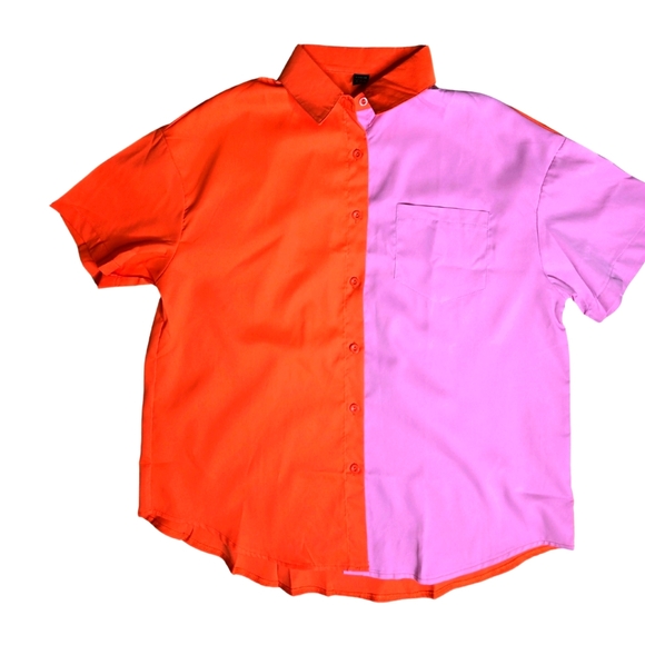 Shein oversized orange and pink button down short sleeve shirt women's size med - Picture 1 of 3